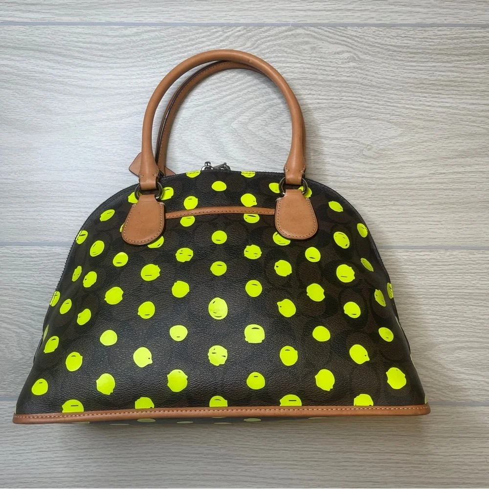 Coach Cora Dome Satchel Purse Signature Canvas Neon Yellow Dots w/Leather Trim - Picture 2 of 15